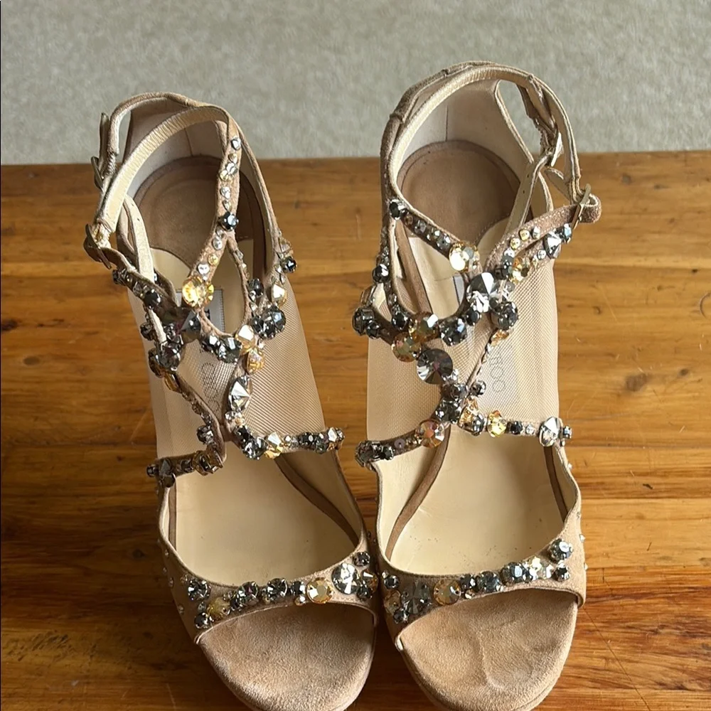 Jimmy Choo Tan Crystal Embellished Heels - Picture 1 of 9